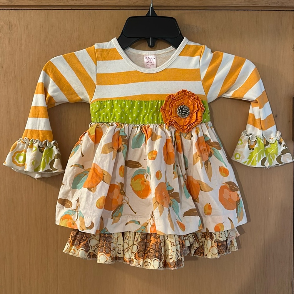 Giggle Moon Toddler Girls Floral Striped Ruffle Dress Orange Brown Size 2T